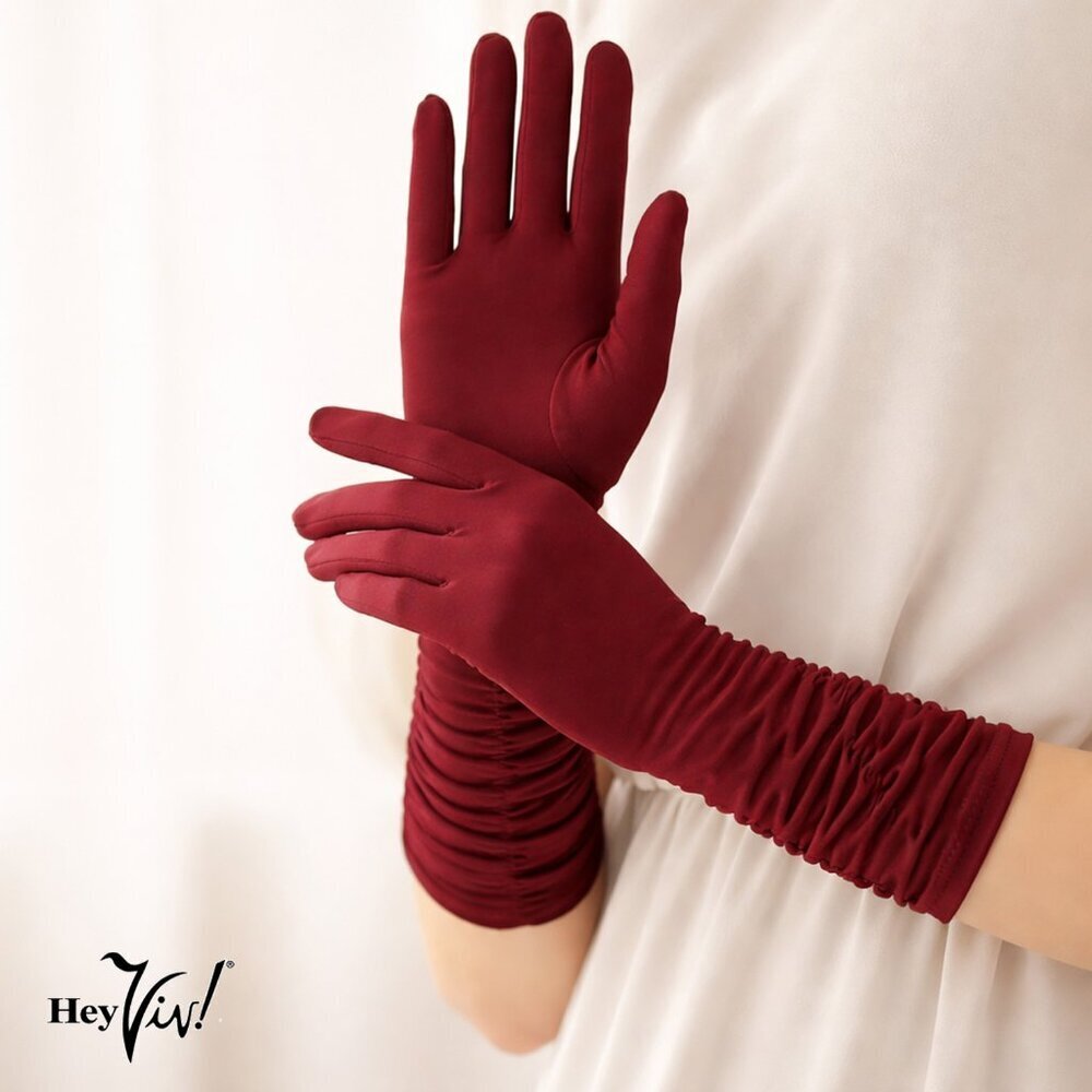 Burgundy Mid Arm Length Gloves Soft Stretch Retro Church Prom Party - Hey Viv